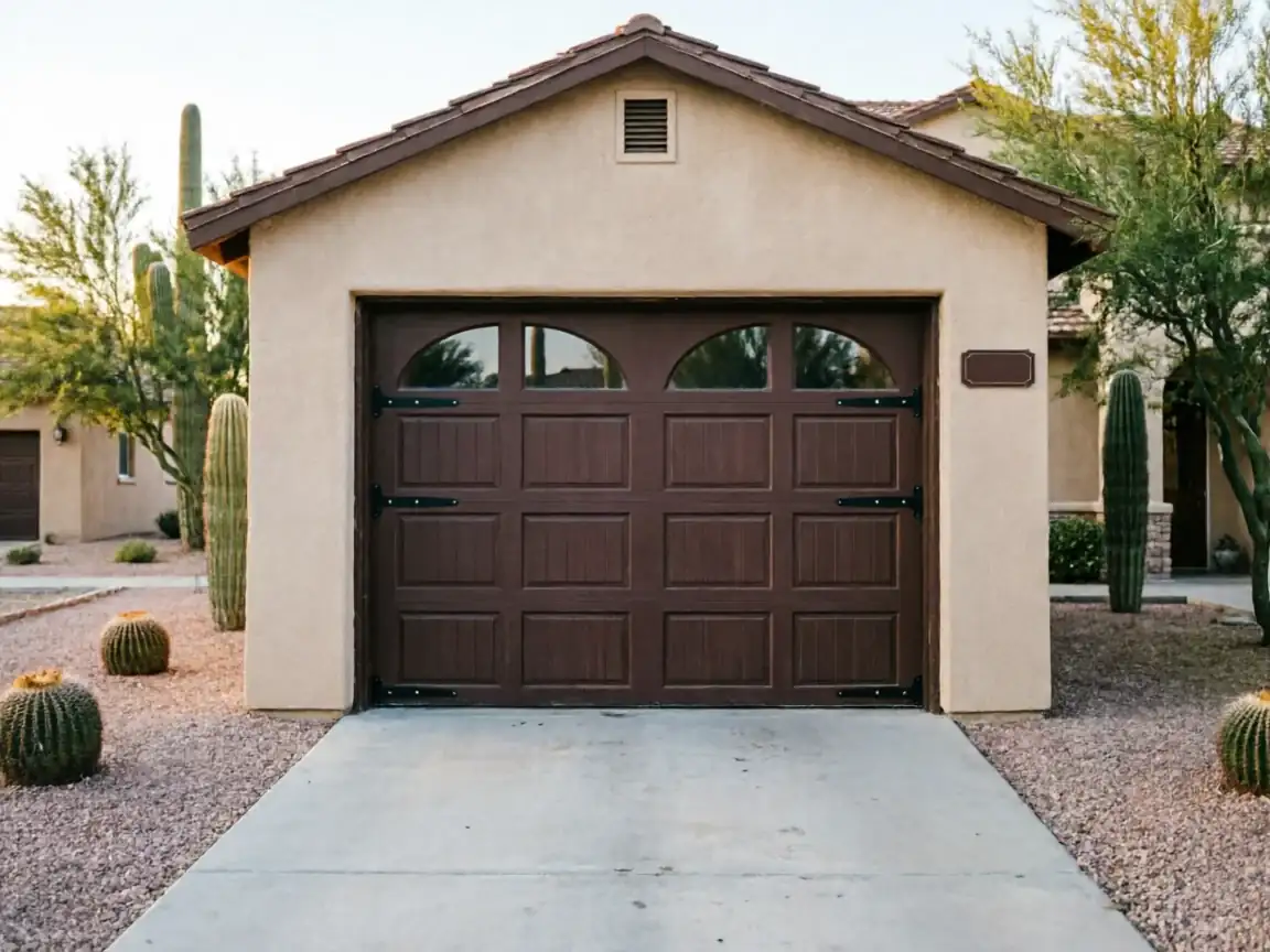 A brown garage door with arched windows is on a tan house with desert landscaping.