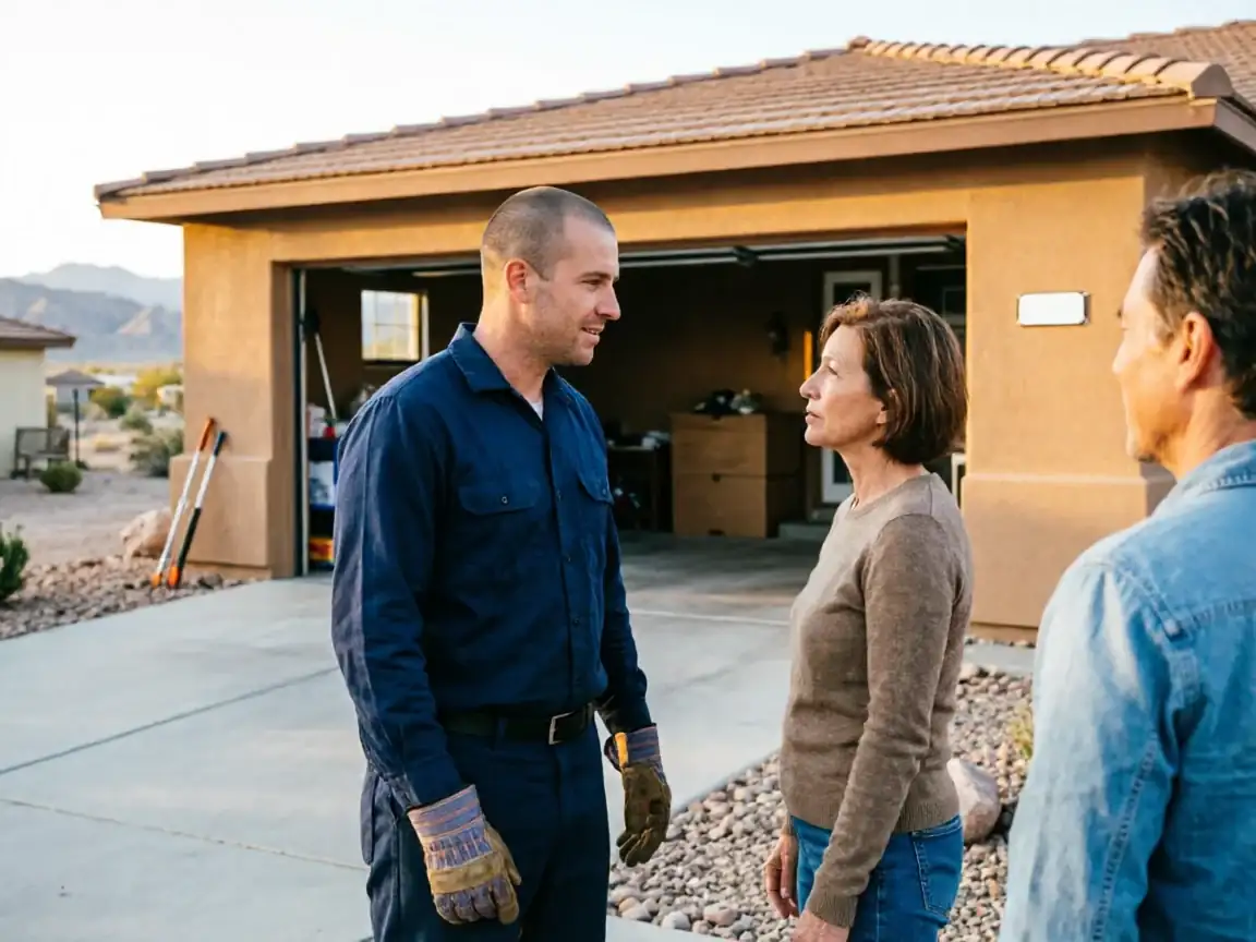 A technician in a blue uniform talks to a woman and a man in front of a garage.